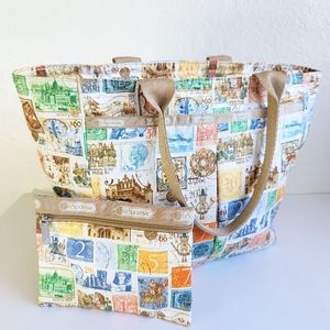 LeSportSac Shopper Tote Bag Mailing Stamps Nylon Print & Pouch 🌟 Large
